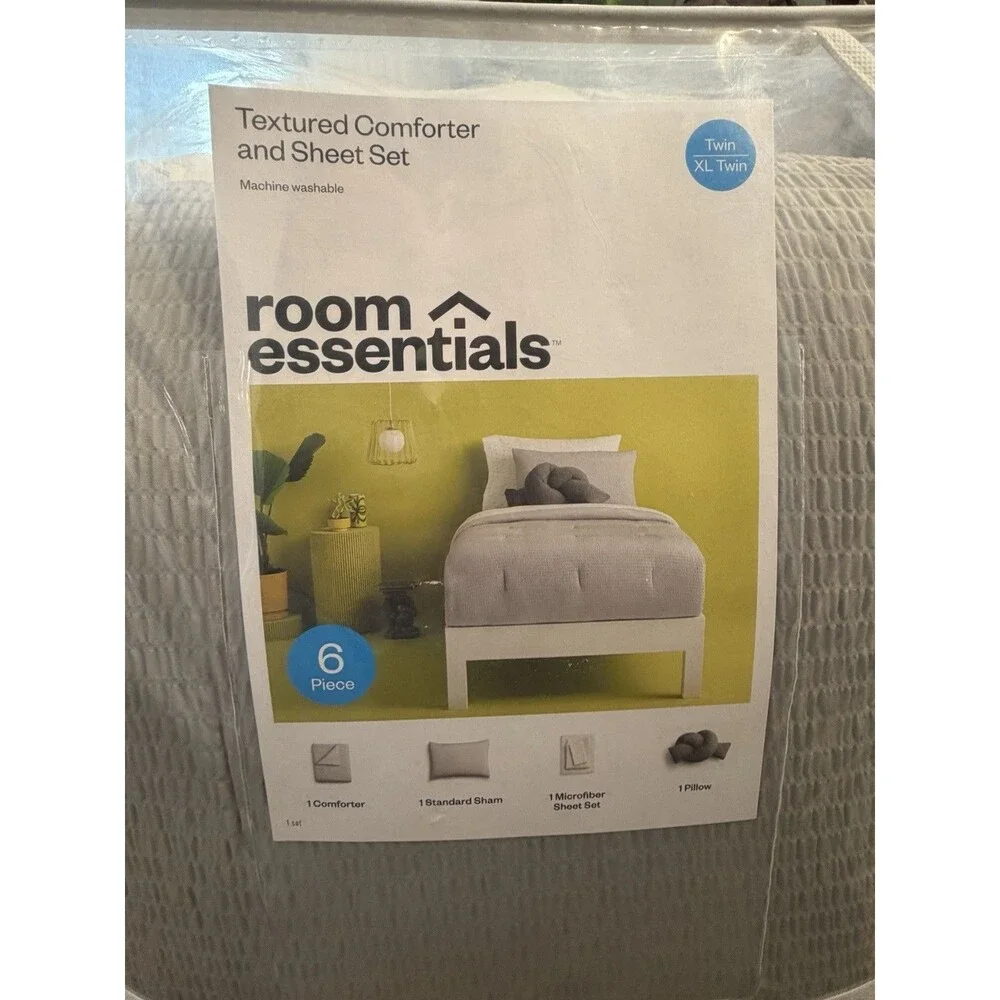 Room Essential - 6pс Twin/Twin Extra Long Textured Comforter, Sheets, Pillow NEW